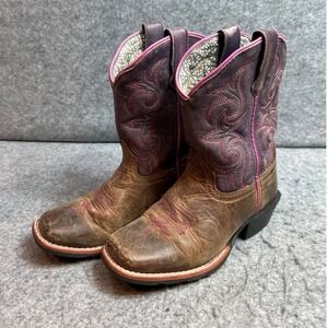 Dan Post Kids Leather Western Cowgirl Boots Brown Pink Square Toe Size 12.5